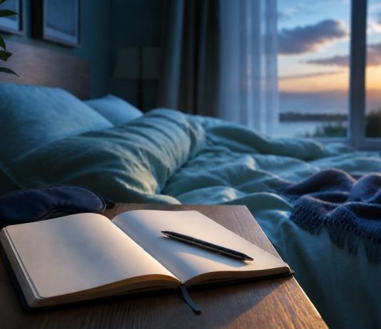 Dream Interpretation Reading Guide with Deeper Insights Blank dream journal, water and sleep mask beside a bed at sunrise
