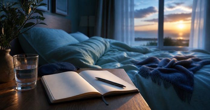 Blank dream journal, water and sleep mask beside a bed at sunrise