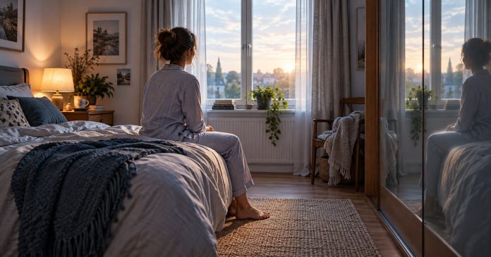 Woman sitting quietly on the edge of a bed at dawn after waking, with a mirror reflecting the bedroom