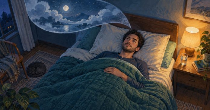Editorial illustration of a man awake in a softly lit bedroom, with a fading dream scene above him