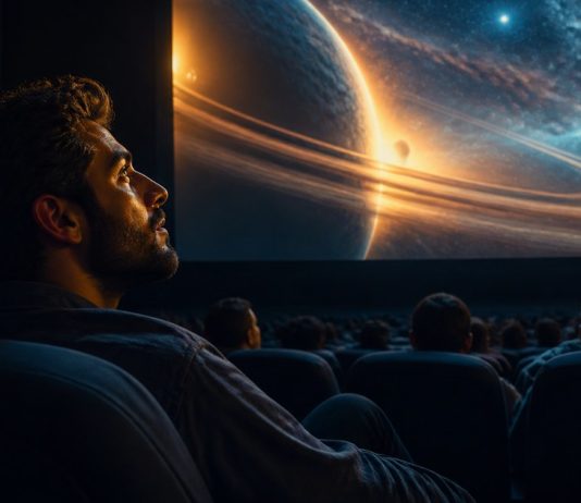 How Space Movies Explore Consciousness, Intuition, and Destiny Moviegoer watching an abstract cosmic scene in a small cinema