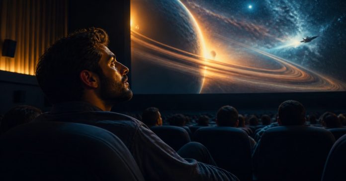 Space Movies, Consciousness, Intuition and Destiny Moviegoer watching an abstract cosmic scene in a small cinema
