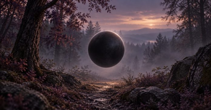 Conceptual illustration of a black orb floating above a misty woodland path at dusk.